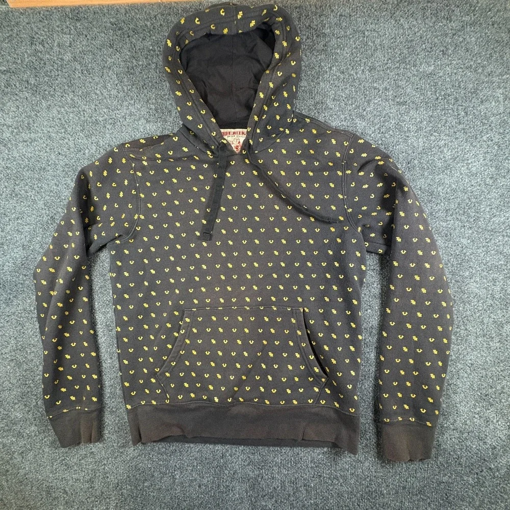 True‎ Religion Hoodie Mens Medium Black Gold Monogram Logo Fleece Lined Cotton